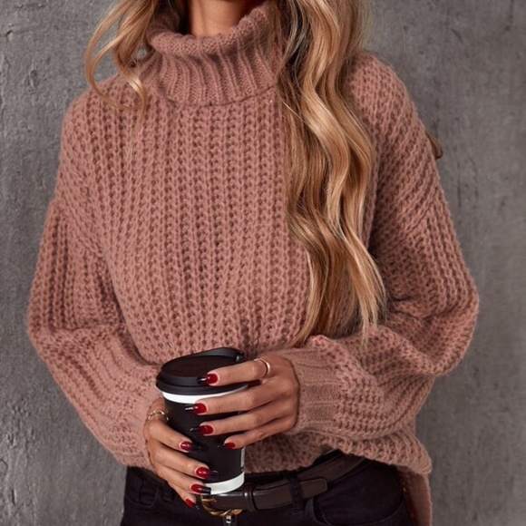 Bellanblue Sweaters - Cozy Dark Pink Oversized Turtleneck Loose Knit Sweater Top